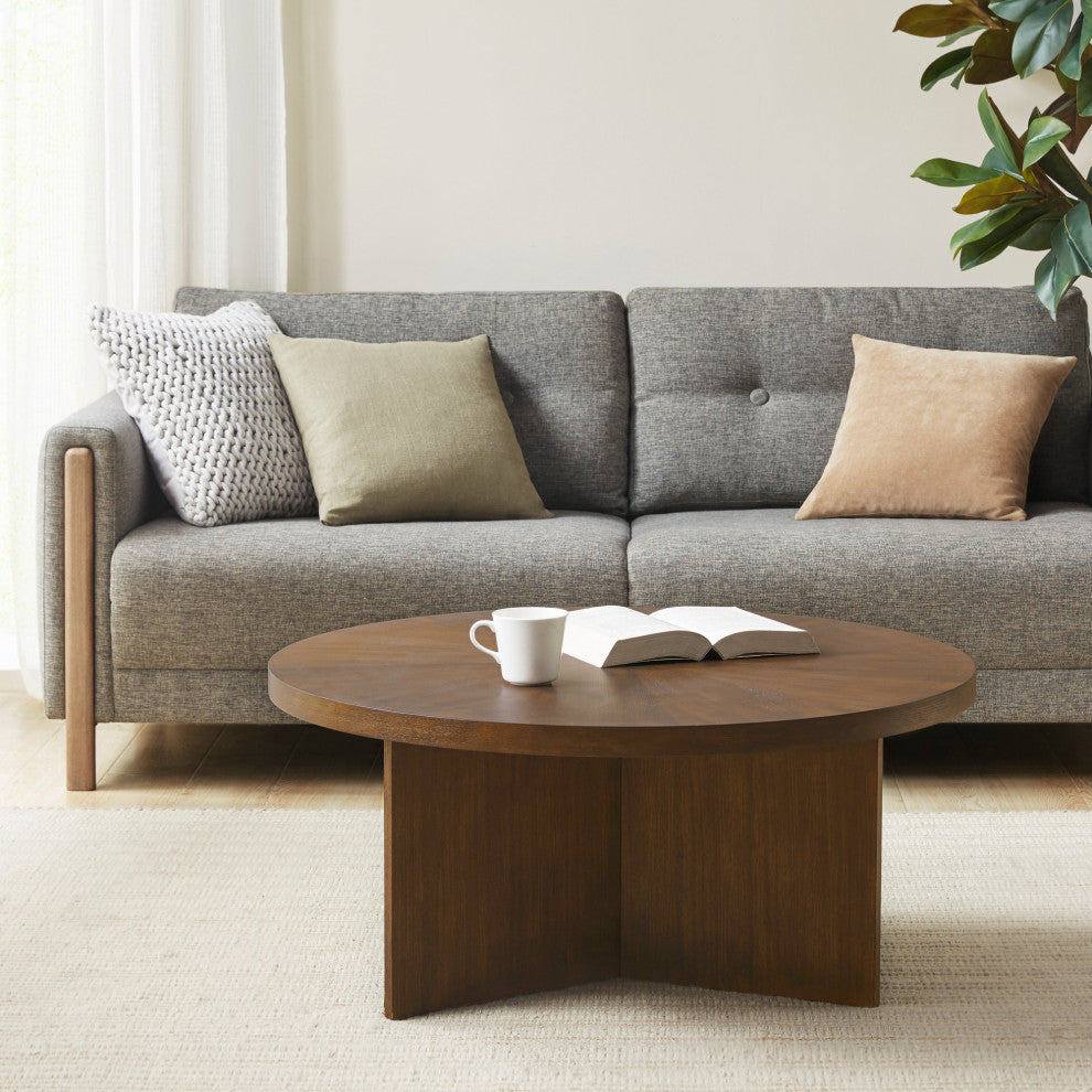 Martha Stewart Sadie Mid-Century Round Wood Coffee Table, Brown