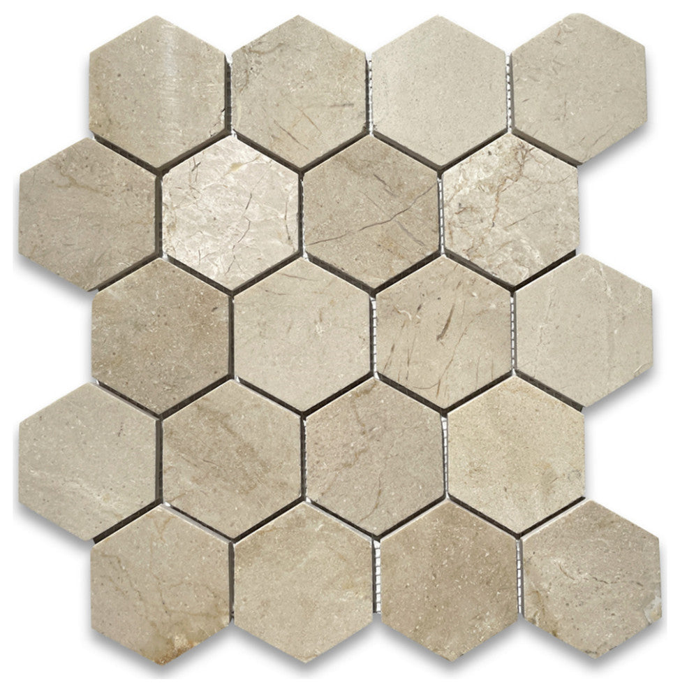 Crema Marfil Marble 3 inch Hexagon Mosaic Tile Polished, 1 sheet