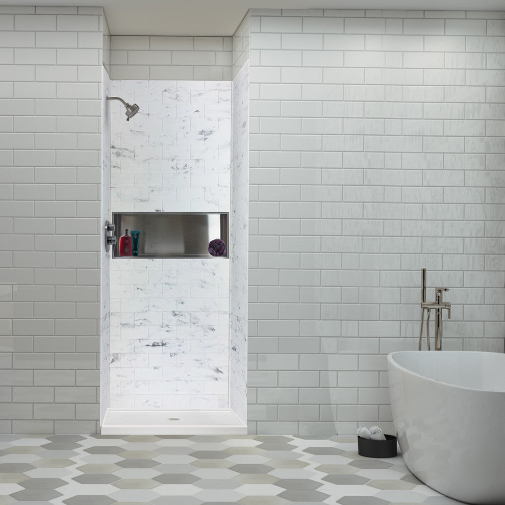 Transolid SaraMar 36"x36"x96" Glue to Wall 3-Piece Shower Wall Kit, White Venito