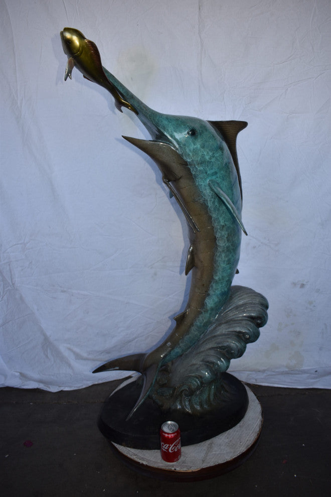 Marlin Fish Catching A Small Fish, Action Bronze Statue Size: 28" x 16" x 50