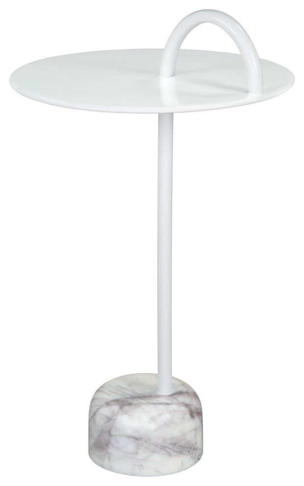Sofa Side Table, Round, Artificial Marble, Iron Metal, White, Hospitality