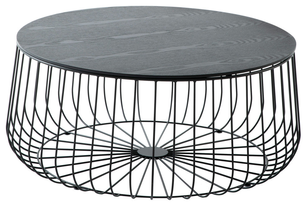 LeisureMod Runswick Round Coffee Table With Black Wire Steel Frame, Black