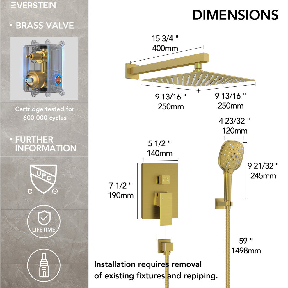 Pressure Balanced Shower System with 3-Setting Hand Shower, Brushed Gold, 10"