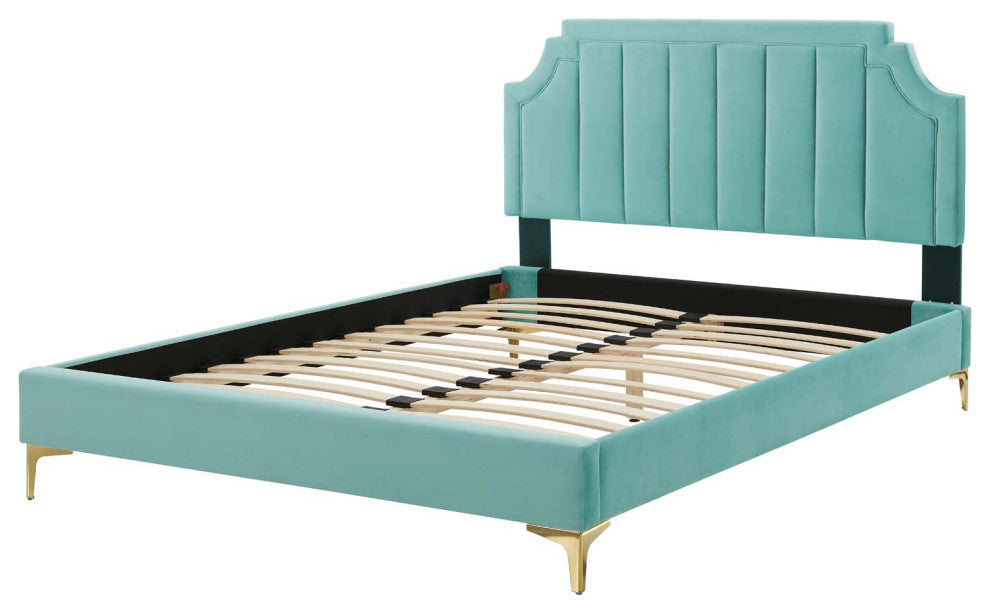 Platform Bed Frame, King Size, Velvet, Blue, Modern Contemporary, Bedroom Master