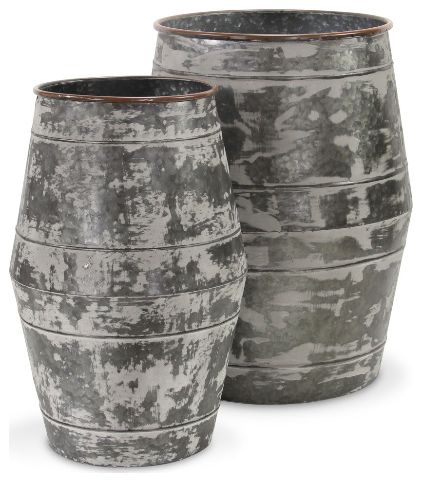 Galvanized Barrel Planters, Set of 2
