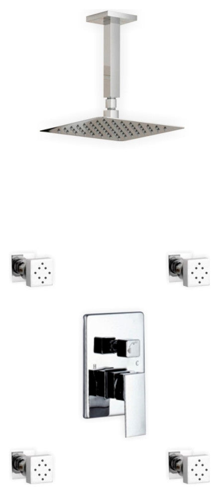 Aqua Piazza Brass Shower Set, 8" Ceiling Mount Square Rain Shower, 4 Body Jets