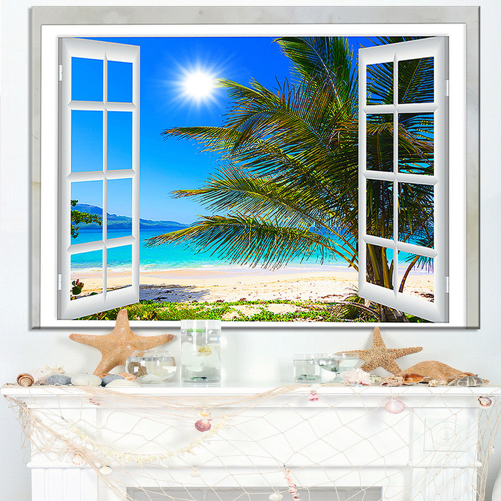 "Window Open To Beach With Palm" Seashore Wall Art, 32"x16"