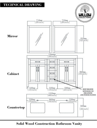Boston 60 Double Bathroom Vanity in White 1.5" White Quartz