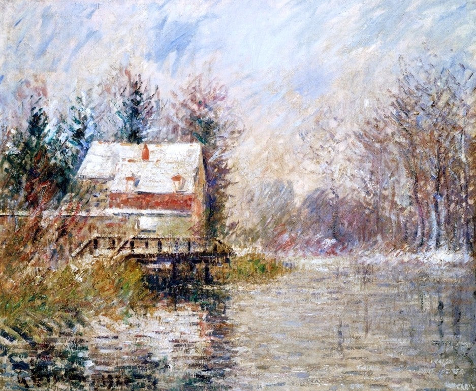 Gustave Loiseau House by the Water, Snow Effect Premium Canvas Print