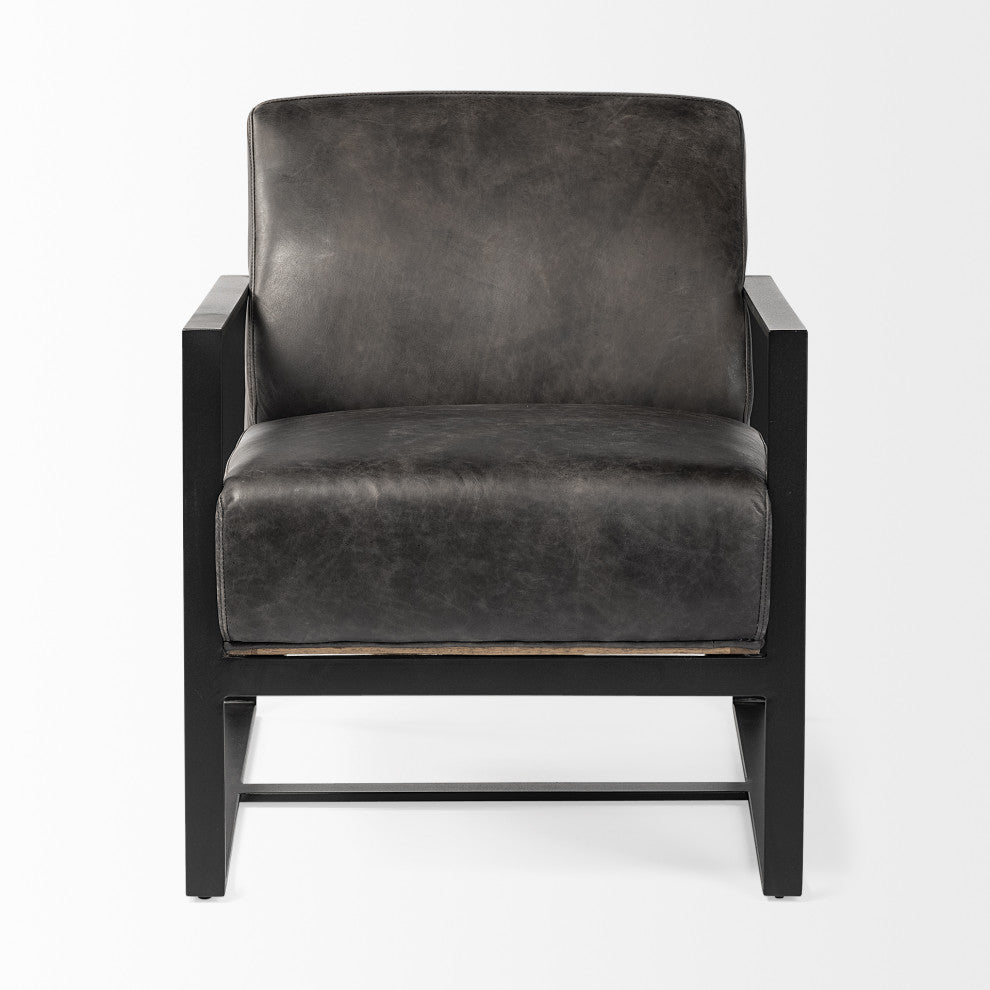 Stamford Black Genuine Leather Seat w/ Wood Back, Metal Frame Accent Chair