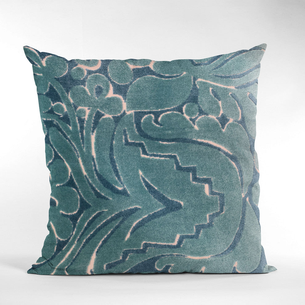 Plutus Blue Velvet Damask Luxury Throw Pillow, 22"x22"
