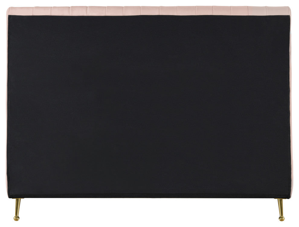 Zara Channel Tufted Velvet Upholstered Bed With Custom Gold Legs, Pink, Queen
