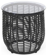 Boynton Wicker Side Table With Tempered Glass Top, Black