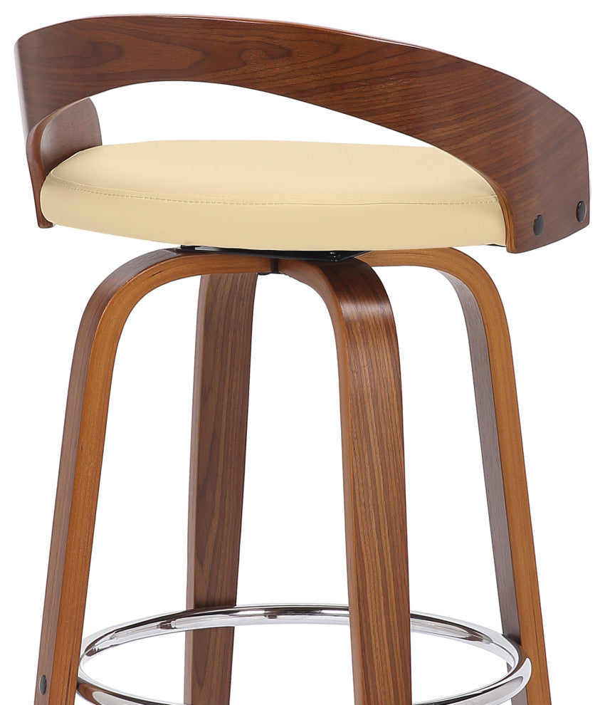 Sonia Swivel Faux Leather and Wood Stool, Cream/Walnut, Bar Height 30"