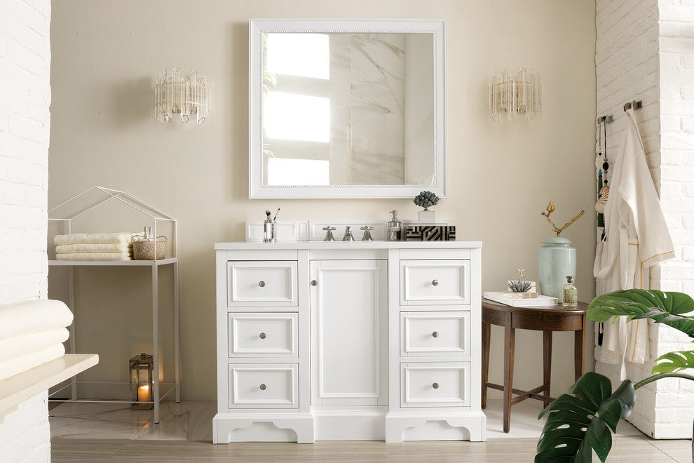 De Soto 48" Single Vanity, Bright White,  Eternal Jasmine Pearl Quartz Top