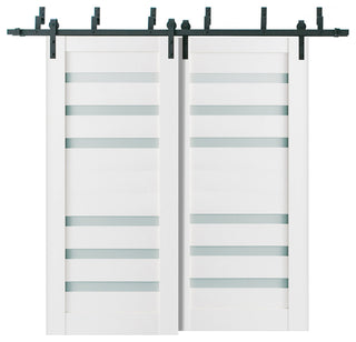 Frosted Glass Barn Bypass Doors 72 x 80, Quadro 4266 White, 6.6' Rail