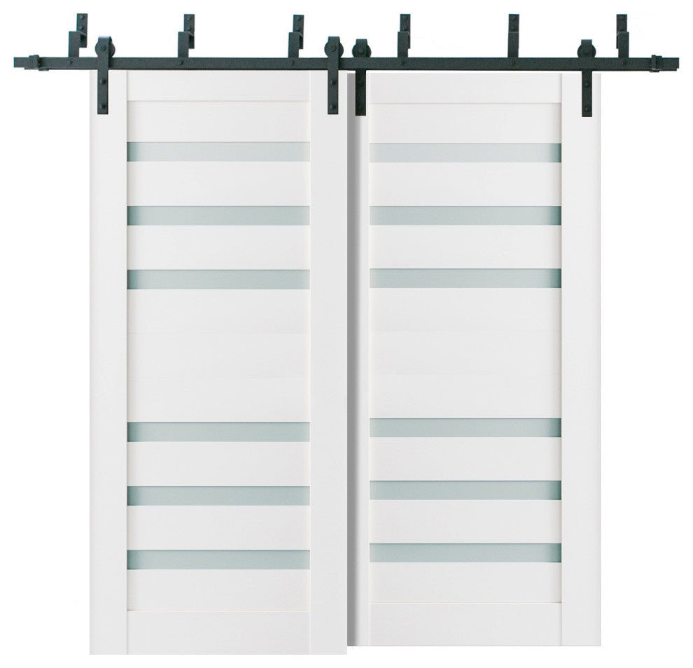 Frosted Glass Barn Bypass Doors 72 x 80, Quadro 4266 White, 6.6' Rail
