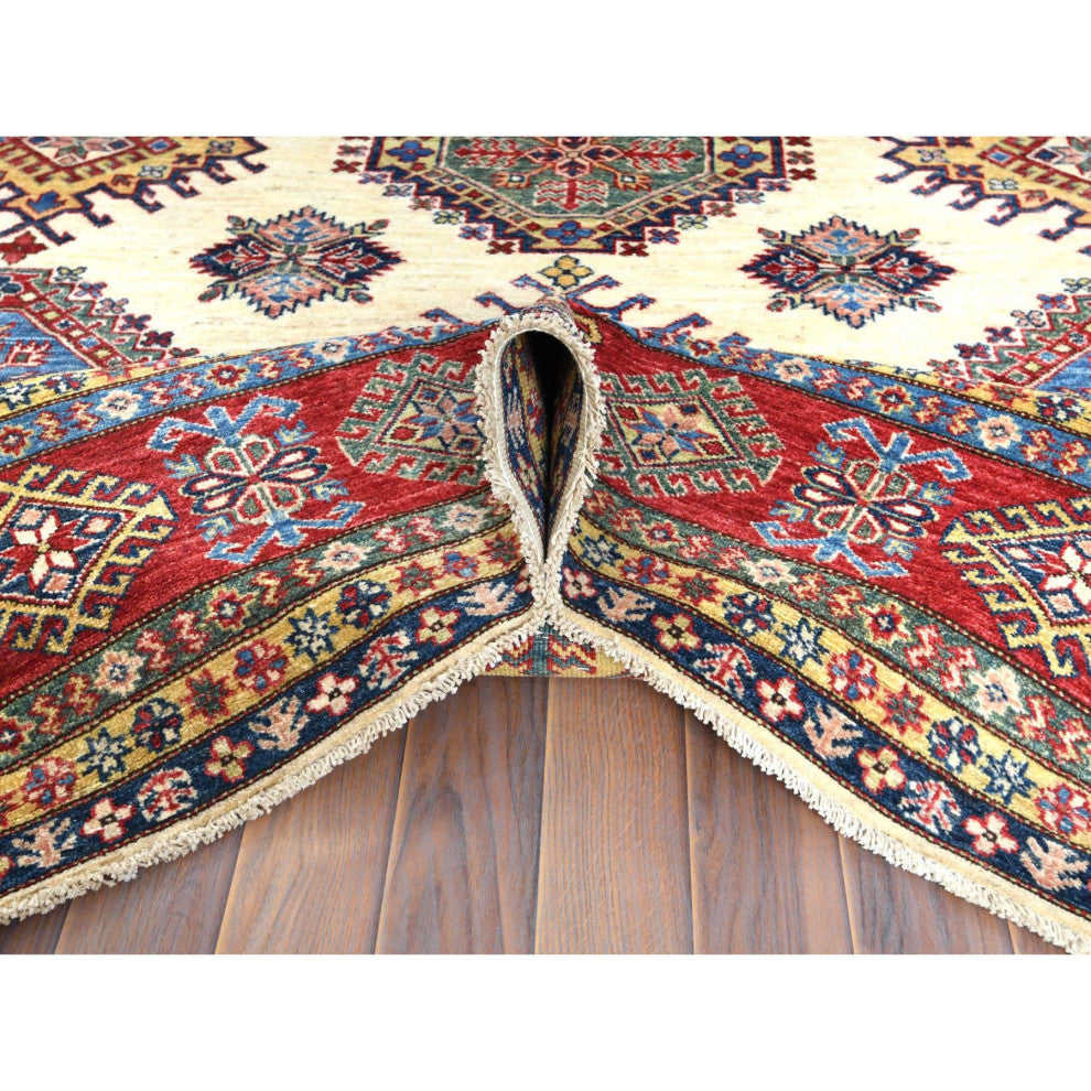Hand Knotted Ivory Afghan Super Kazak Shiny Wool Oriental Rug, 8'8" x 11'10"