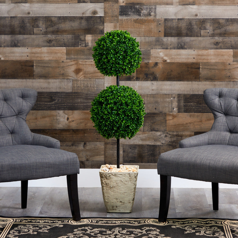 4' Boxwood Double Ball Faux Topiary Tree, Country White Planter Indoor/Outdoor