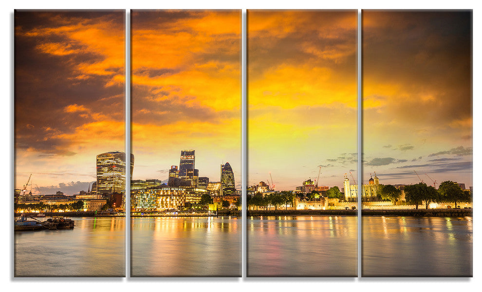 "Financial District of London at Twilight" Cityscape Wall Art, 48"x28", 4-Panels