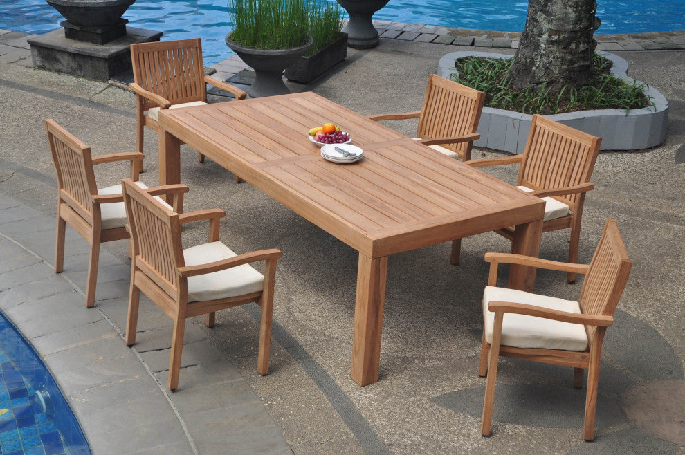 7-Piece Outdoor Teak Dining Set: 86" Rectangle Table, 6 Leveb Stacking Arm Chair