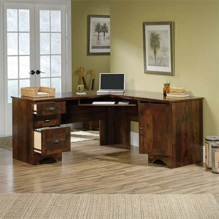 Transitional Desk, L-Shaped Design With Keyboard Tray & Drawers, Curado Cherry