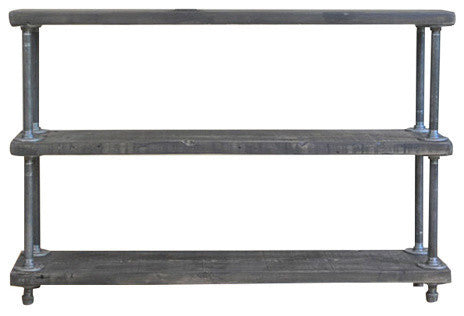 Reclaimed Wood 3 Tier Shelf Unit, Industrial Pipe Legs, 12x48x35, Dark Walnut