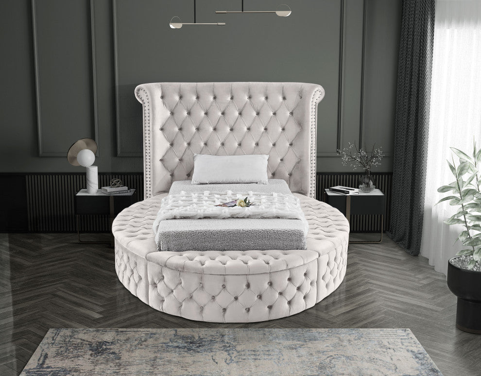 Luxus Button Tufted Velvet Round Bed, Cream, Twin