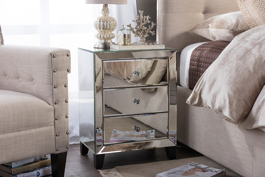Chevron Hollywood Glamour Style Mirrored 3-Drawers Nightstand