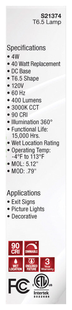 4W T6.5 LED, Clear, Double Contact Bayonet Base, 3000K, 400 Lumens, 120V