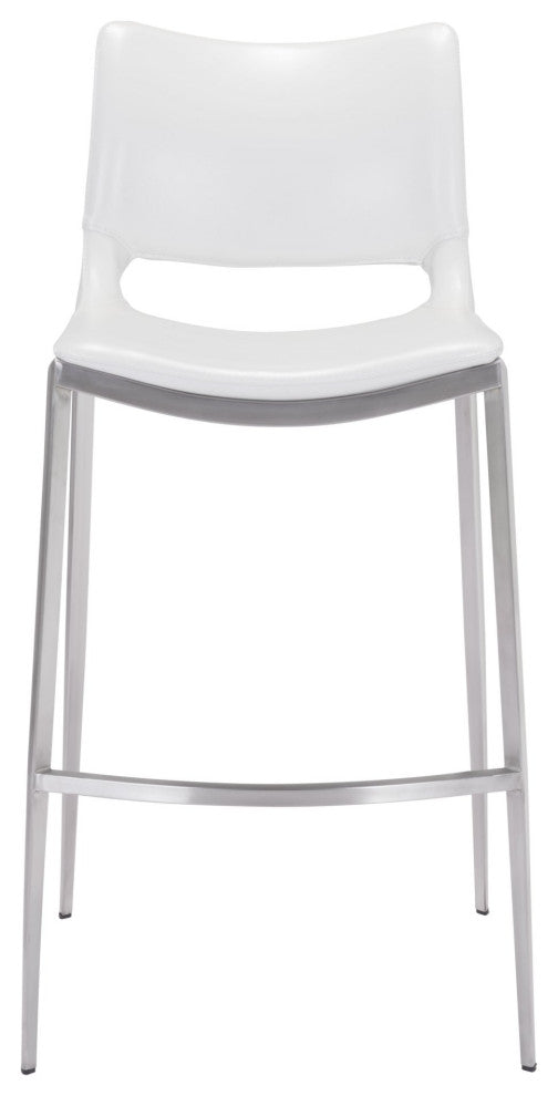 Bar Stool Chair Barstool, Set of 2, Faux Vinyl Leather, Steel, White, Silver