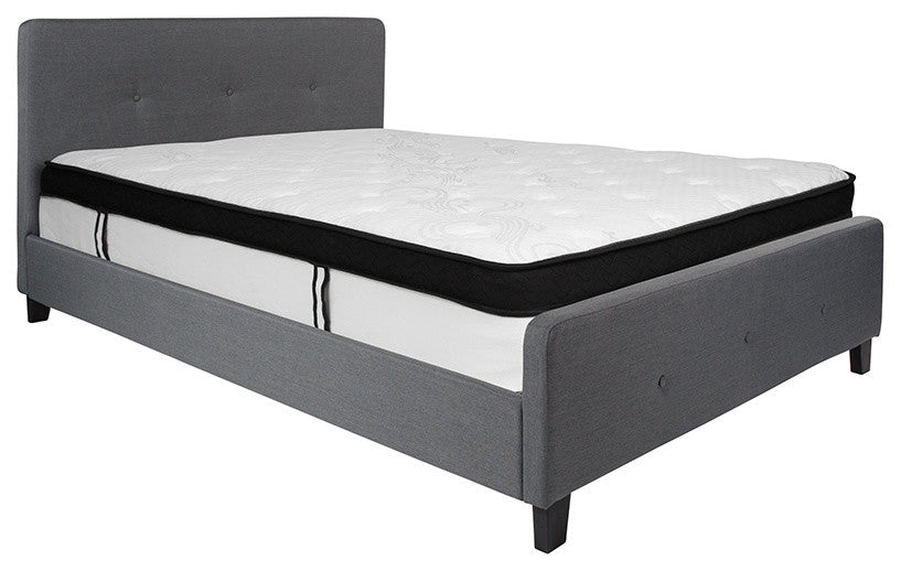 Queen Size Tufted Platform Bed in Dark Gray Fabric with Memory Foam Mattress