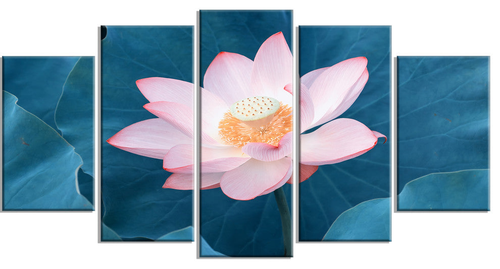 "Blooming Pink Lotus Flower" Oversized Beach Canvas Artwork, 5 Panels, 60"x32"
