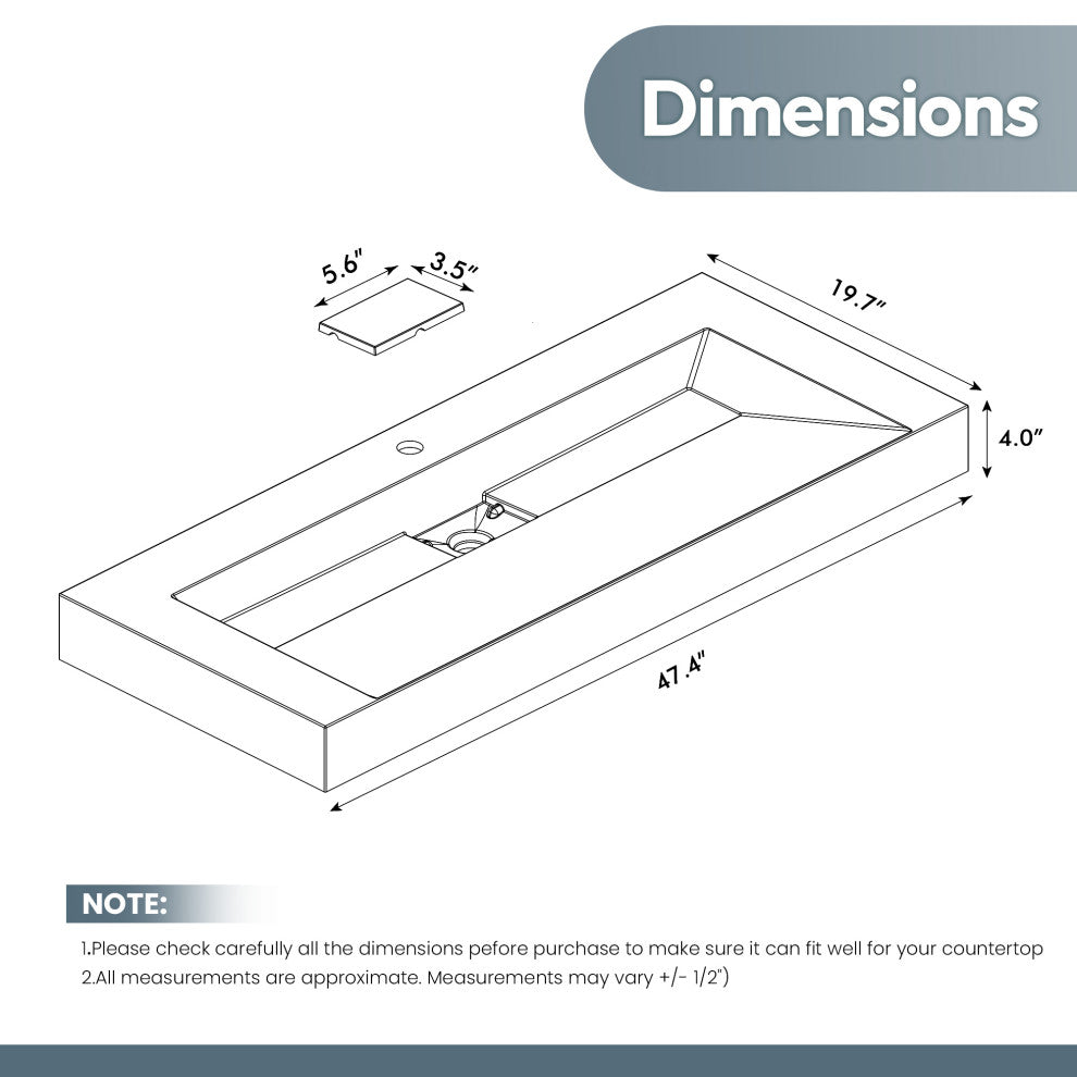 Vera Composite Granite Stone Console Bath Vanity Sink, White, 47.4"l X 19.7"w