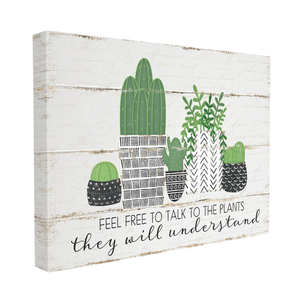 Feel Free To Talk Cacti Succulents Wood Textured Design, 16"x20", Canvas Art