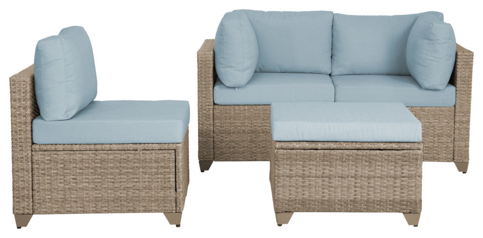 Maui 4-Piece Outdoor Conversation Set, Ottoman, Natural Aged Wicker, Sky Blue