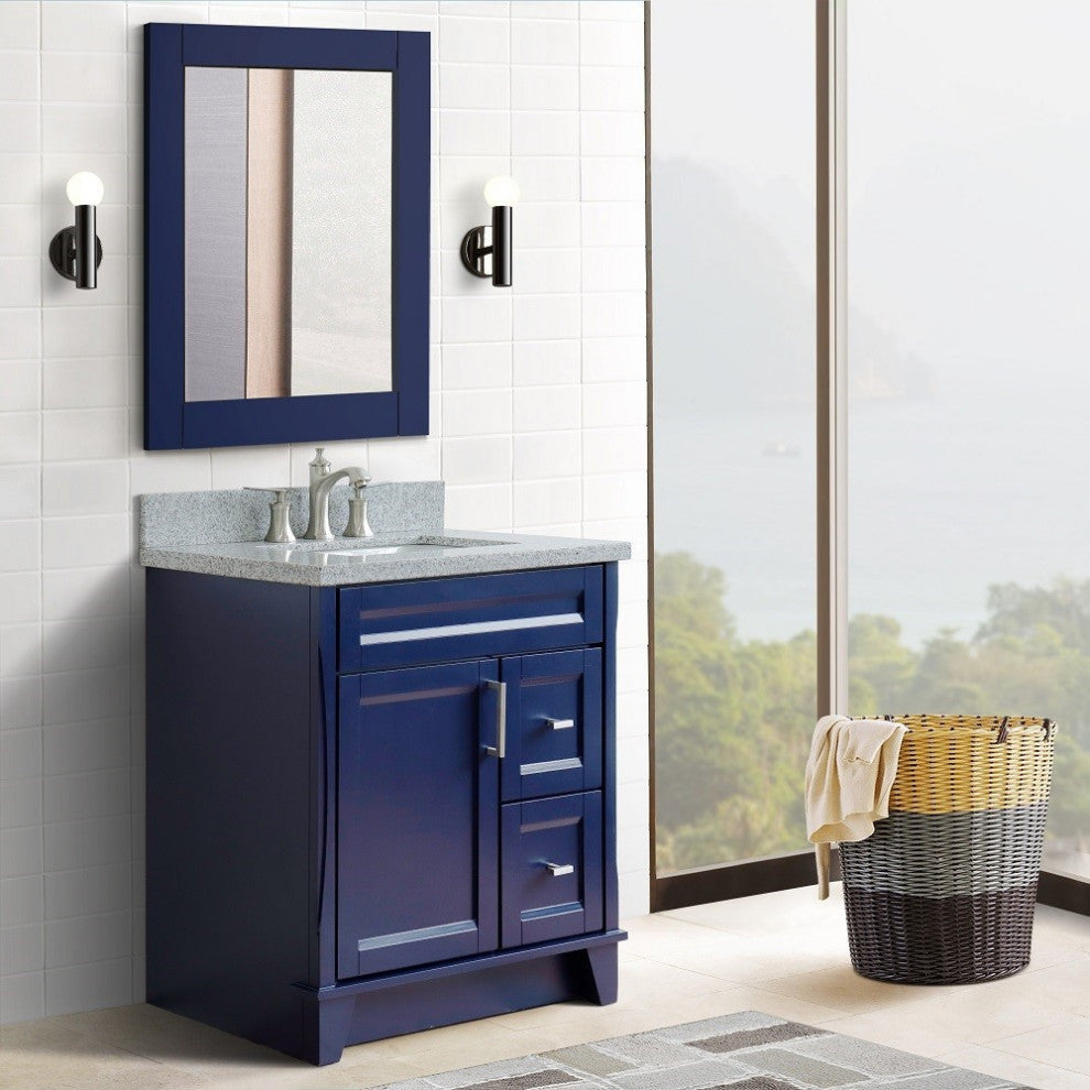 31" Single Sink Vanity, Blue Finish With Gray Granite With Rectangle Sink