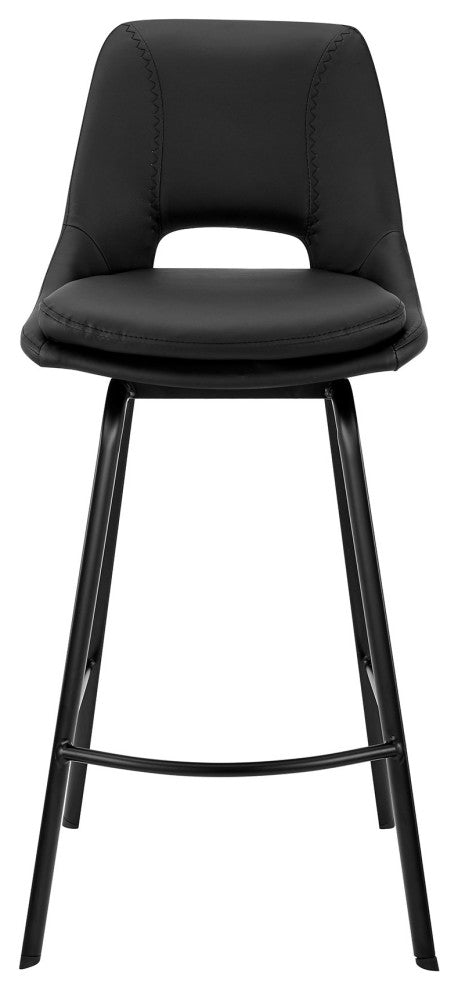 26" Elegant Black Faux Leather and Black Metal Armless Swivel Counter Stool