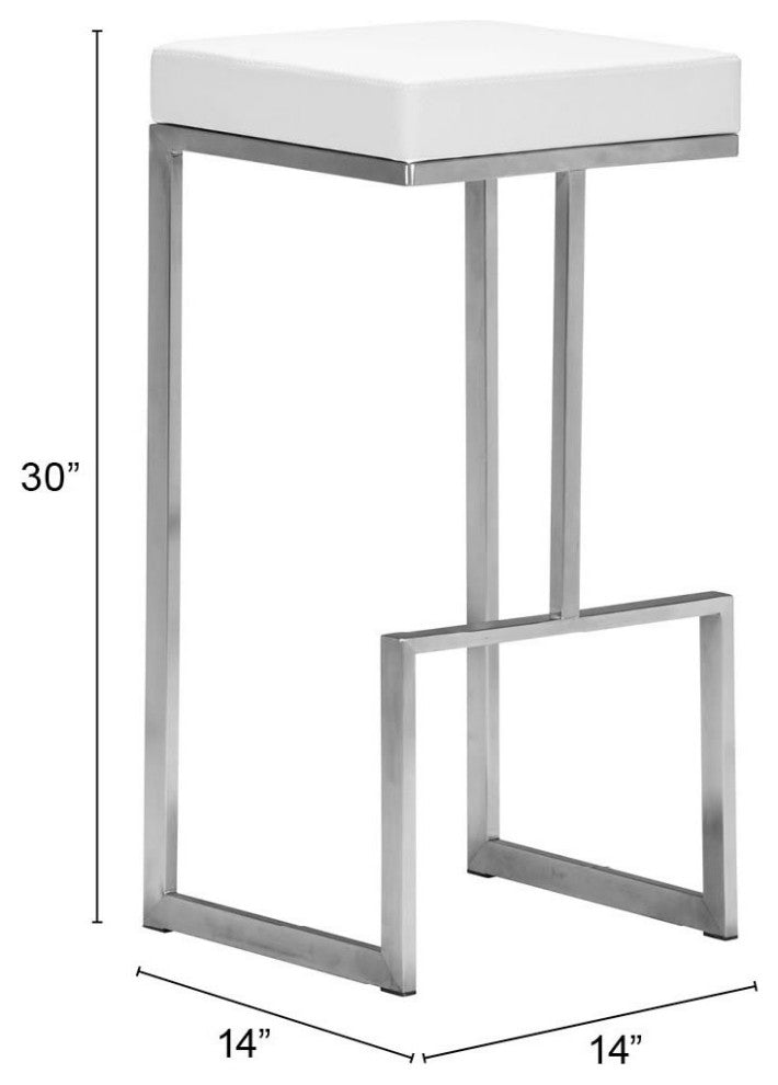 Bar Stool Chair Barstool, Set of 2, Faux Vinyl Leather, Steel, White, Silver