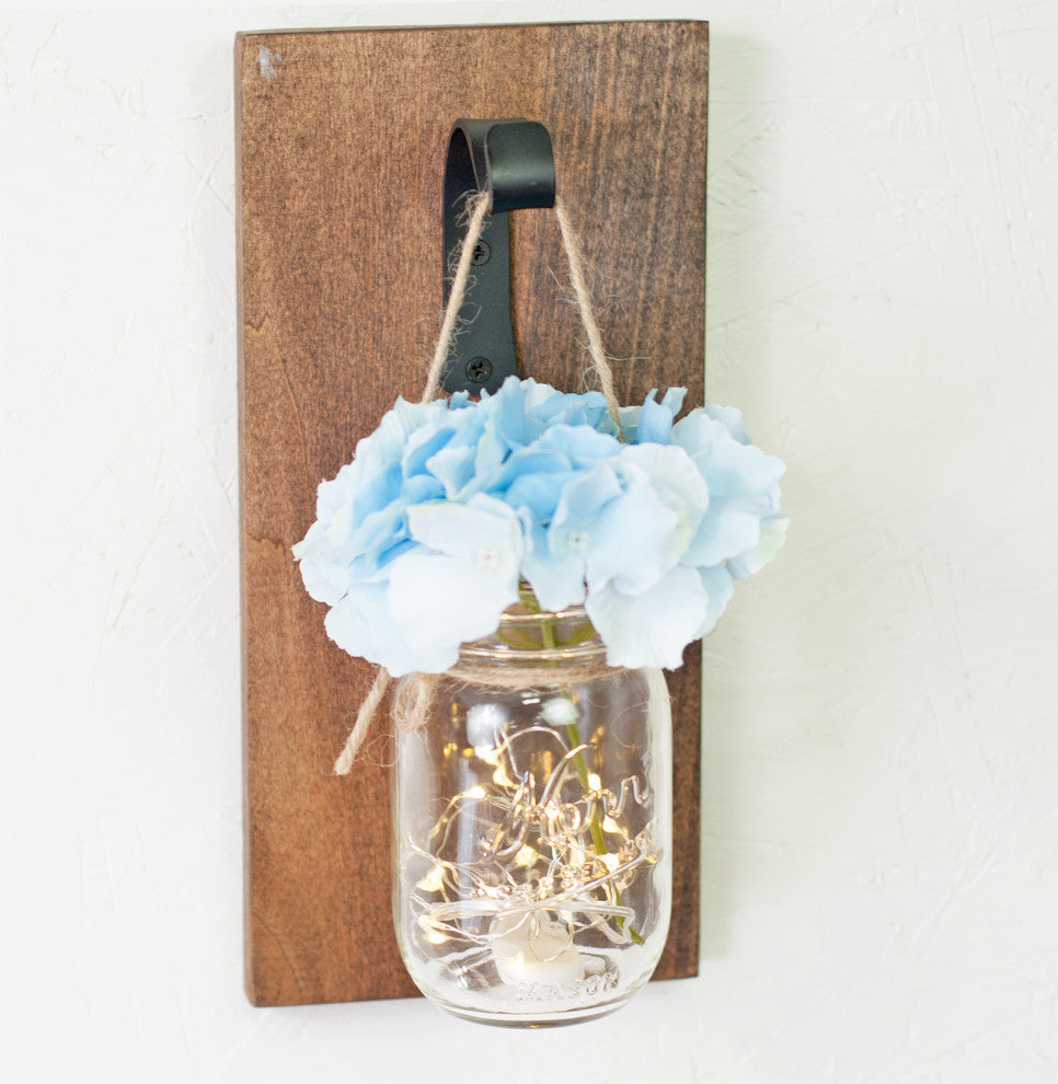 Mason Jar Decor Wall Decor Walnut Color Blue Flower Wide Hook with Lighting