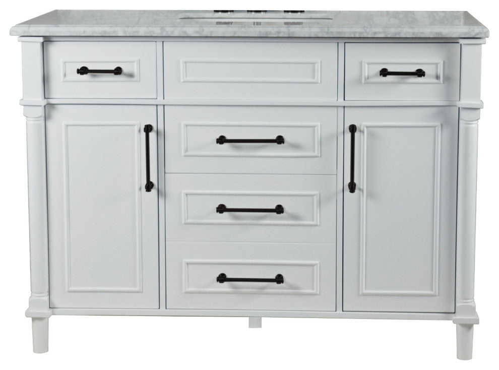 48" Single Vanity, White With White Carrara Marble Top
