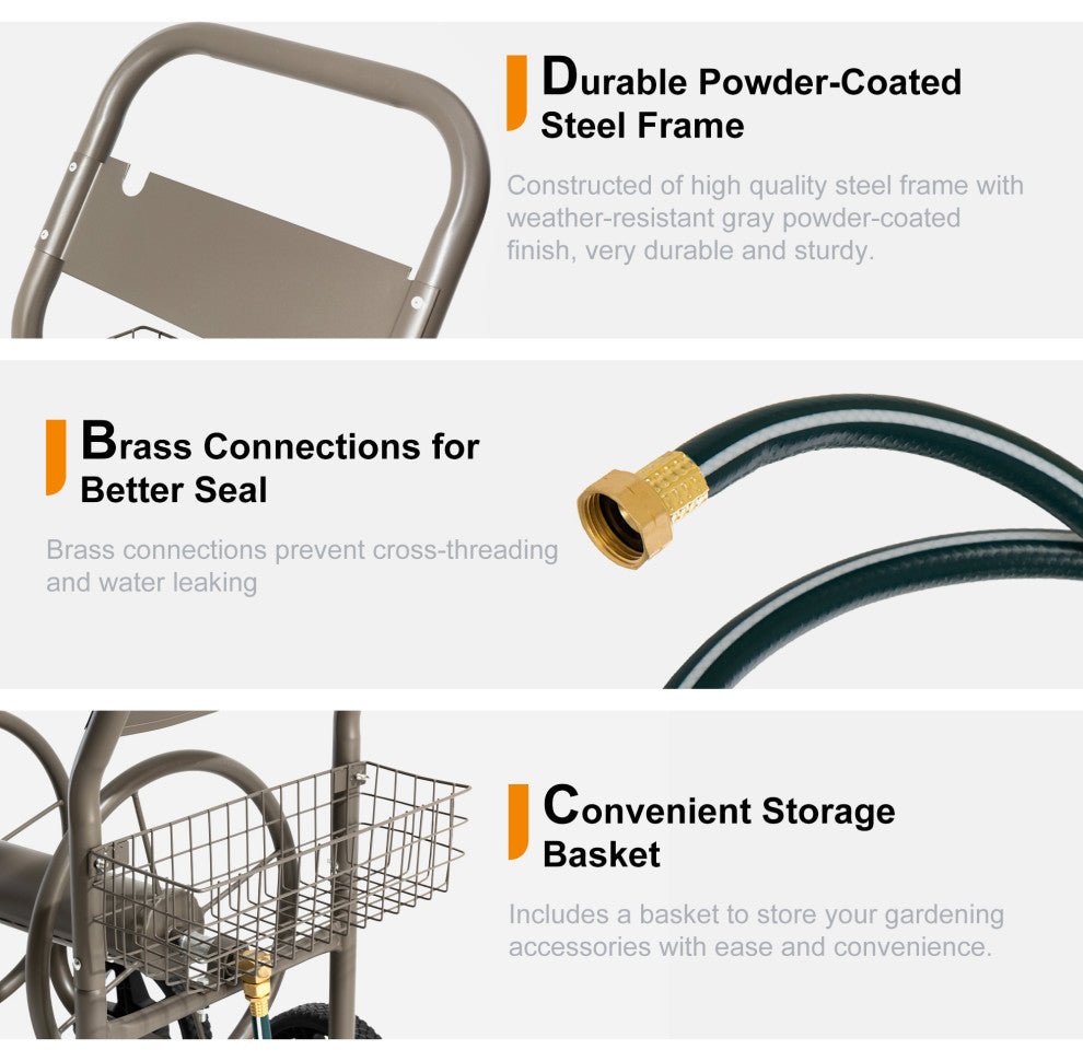 36"H 250 ft. Steel Gray 4-Wheel Garden Hose Reel Cart