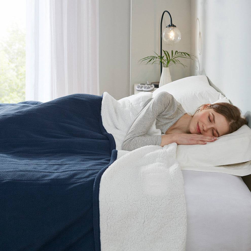 Serta Fleece to Sherpa Heated Fleece and Sherpa Bedding Blanket, Blue