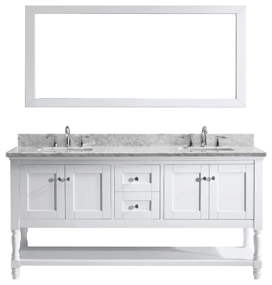 Virtu Julianna 72" Double Bathroom Vanity, White With Faucet and Mirror