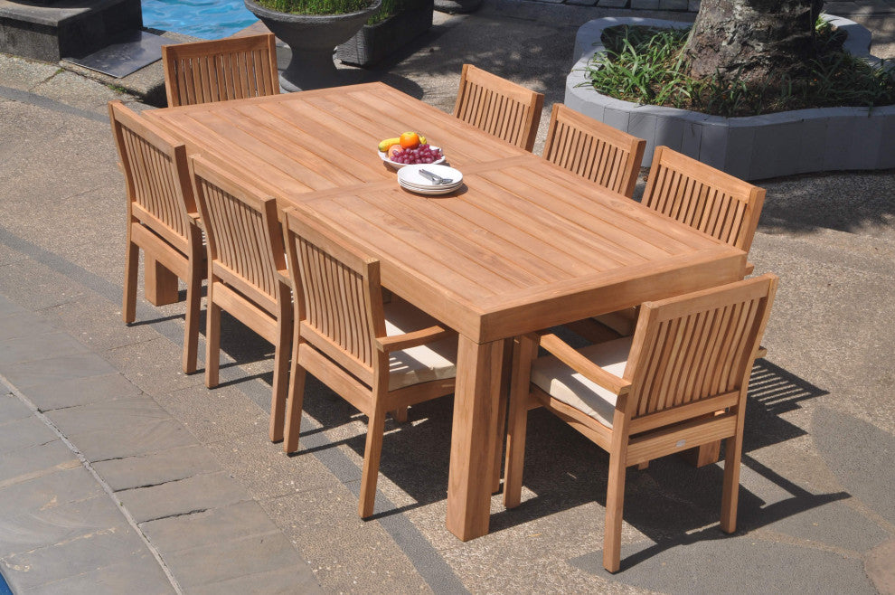 9-Piece Outdoor Teak Dining Set: 86" Rectangle Table, 8 Leveb Stacking Arm Chair