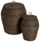 Rattan Wicker Storage Basket With Lid, Washed Black Finish, Set of 2
