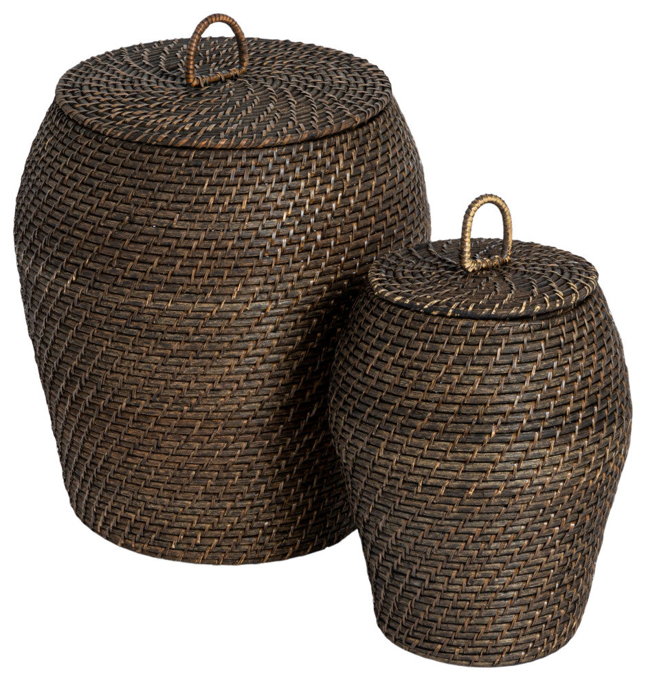 Rattan Wicker Storage Basket With Lid, Washed Black Finish, Set of 2