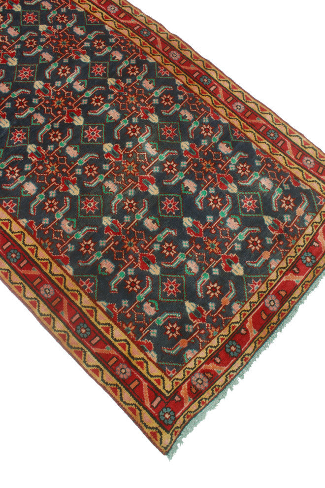 Fine Vintage Distressed Huriye Navy/Red Runner, 3'1x13'2