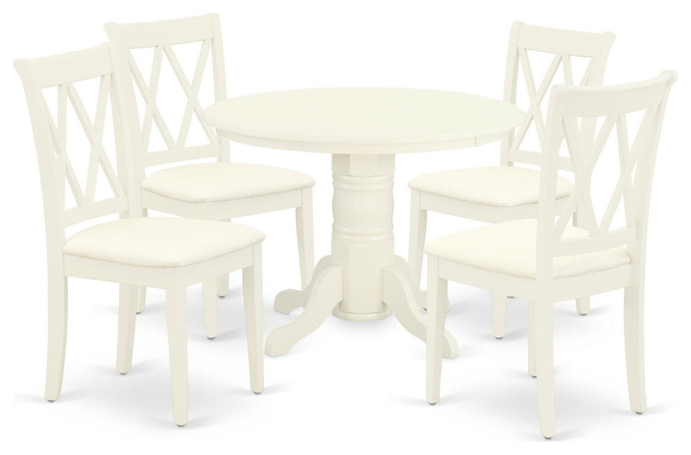 5Pc Dining Set, Round Table, Four Kitchen Chairs, White Finish