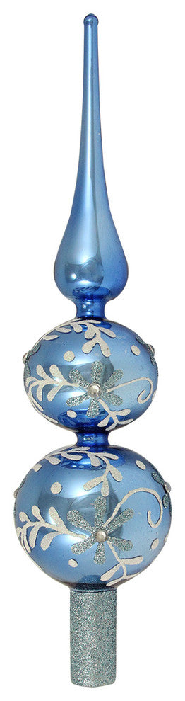 Floral Glittered Finial Christmas Tree Topper, Blue Ice, Shiny, 13"
